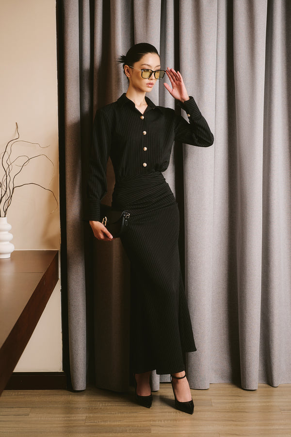 Coralie Long Sleeve Wool Twill Midi Shirt Dress