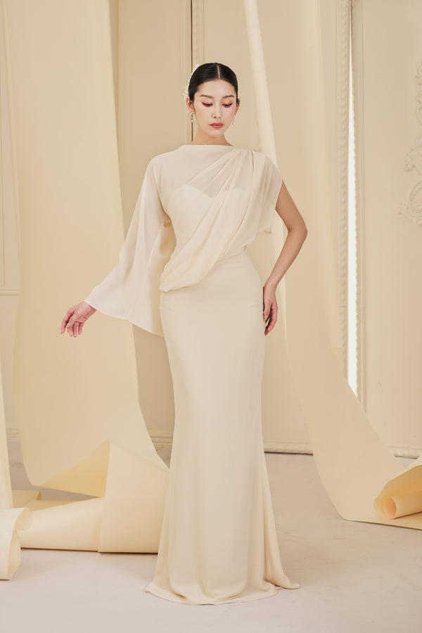 Hattie Sheath Asymmetric Sleeved Chiffon Floor Length Dress