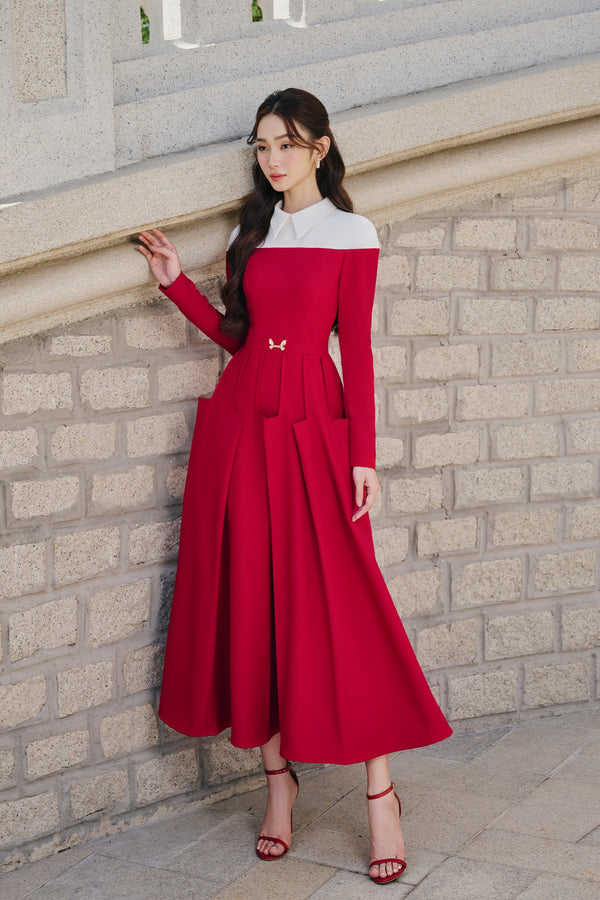 Rossa A-line Collared Neck Cotton Polyester Midi Dress