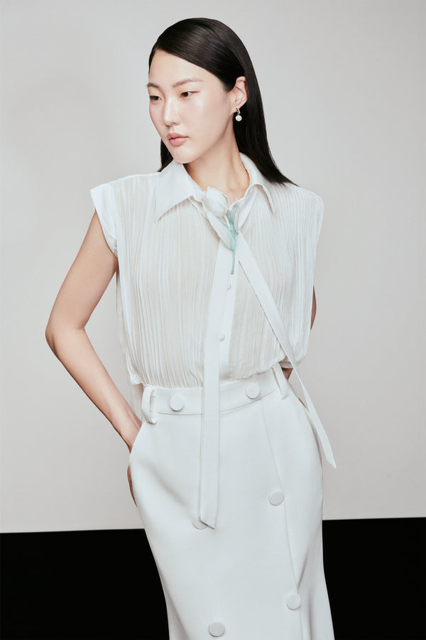 Eaton Pleated Sleeveless Chiffon Shirt