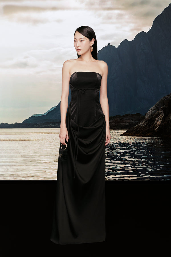 Orwell Strapless Draped Taffeta Silk Floor Length Dress